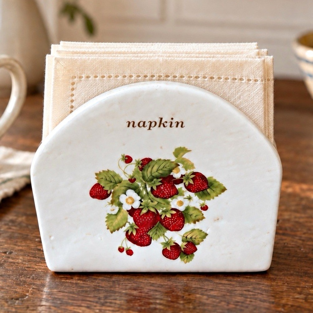 Vintage Ceramic Strawberry Napkin Holder Country Kitchen Napkin Caddy White